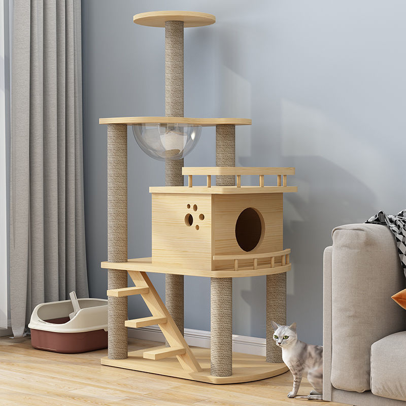 OEM Cat Tree Climbing Frame | Custom Pine Solid Wood Multi-Layer Board Cat Structure | High-Quality Pet Products 105-221